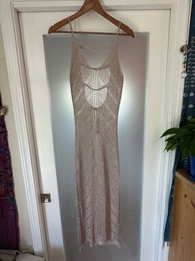 Orage Beige Crochet Maxi Dress with Spaghetti Straps